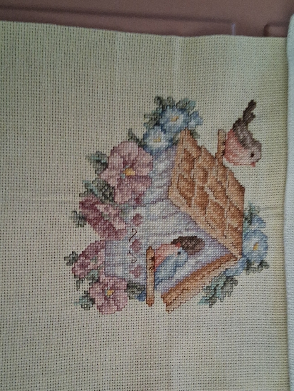 Hand-Embroidered Birdhouse Cross Stitch Panel in Pastel Pink and Cream - Picture 2 of 3
